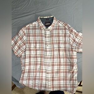 Alesbury SS Button Down in Burnt Orange and Tan Plaid on White, Linen/Cotton, XL